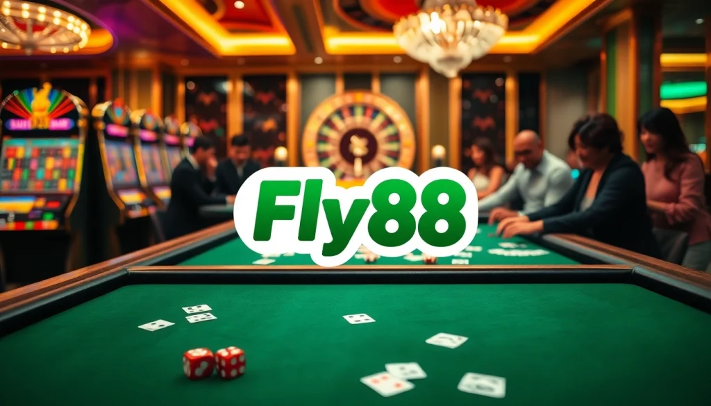 Fly88 logo shines on a luxurious casino table with excited gamblers, showcasing vibrant slot machines.