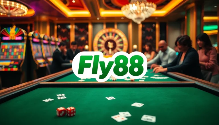 Fly88 logo shines on a luxurious casino table with excited gamblers, showcasing vibrant slot machines.