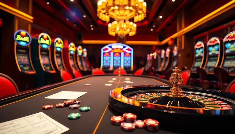 Rasakan kegembiraan Birutoto dengan pemandangan kasino mewah yang menampilkan permainan poker dan mesin slot.