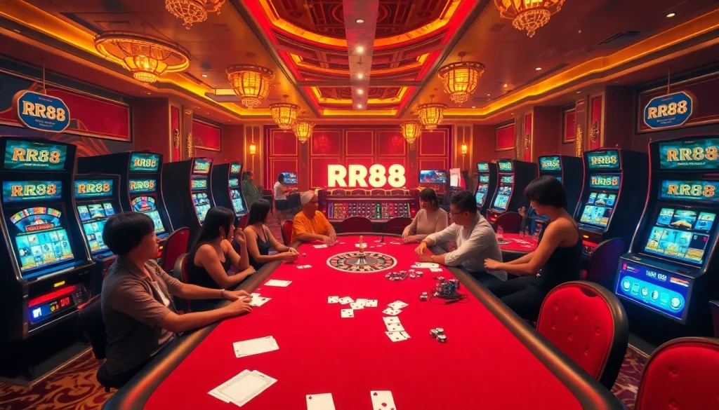 Exciting gameplay at RR88 casino with lively poker tables and vibrant slot machines.
