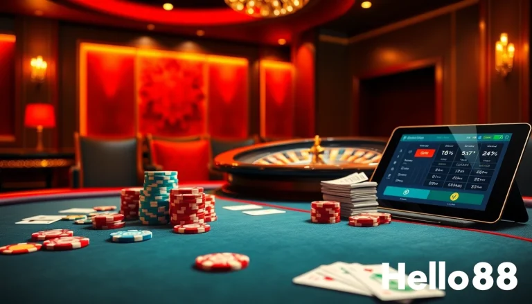 Hello88 poker table with chips and cards, showcasing vibrant casino atmosphere and online gambling excitement.