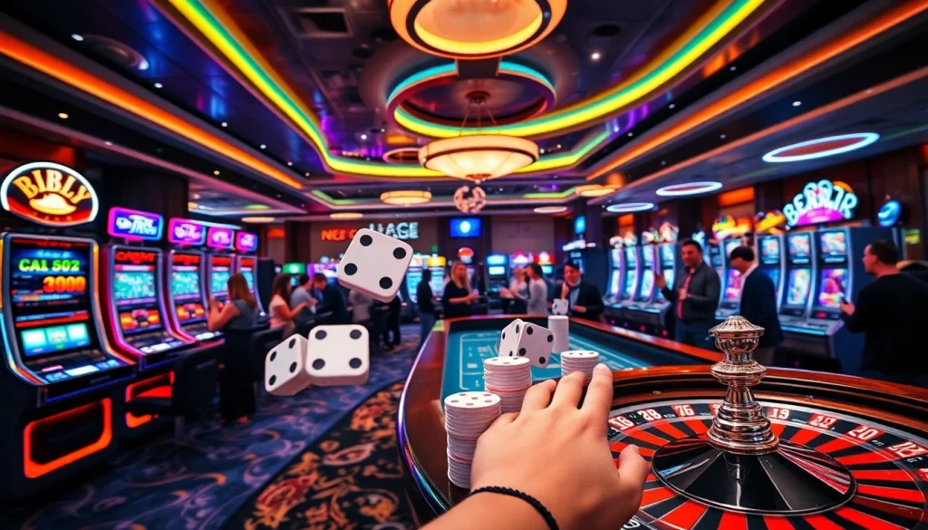 Excited players gambling on slots and poker at 73BET casino, showcasing vibrant casino atmosphere.