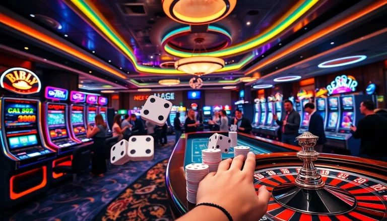 Excited players gambling on slots and poker at 73BET casino, showcasing vibrant casino atmosphere.