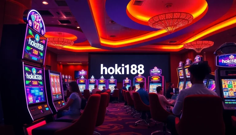 Experience the excitement of hoki138 in a vibrant online casino setting with engaging slot machines and players.