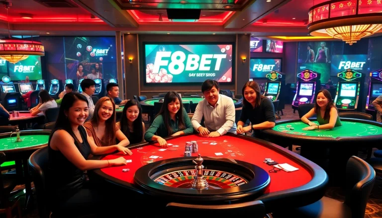 Experience excitement at F8BET with vibrant casino tables, poker chips, and thrilling gameplay.