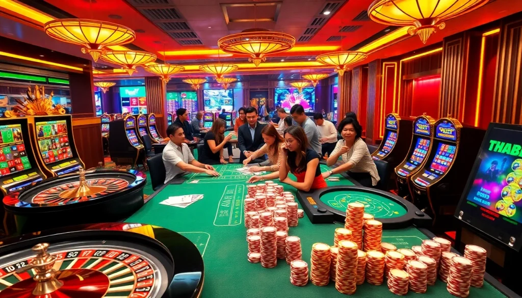 Players enjoying a thrilling game environment at THABET casino, featuring roulette tables and vibrant slot machines.
