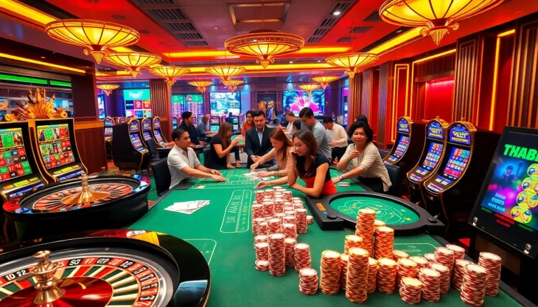 Players enjoying a thrilling game environment at THABET casino, featuring roulette tables and vibrant slot machines.