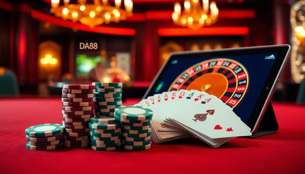 Experience the thrilling excitement of DA88 with luxury poker chips and a roulette wheel in a dazzling casino scene.