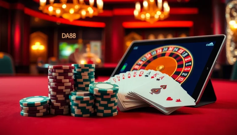 Experience the thrilling excitement of DA88 with luxury poker chips and a roulette wheel in a dazzling casino scene.