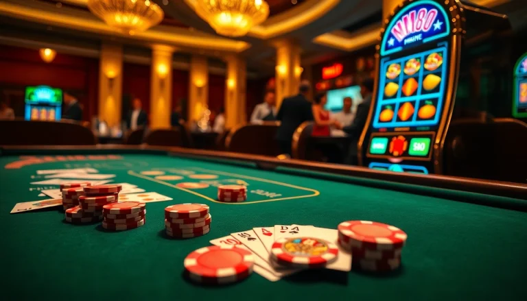 Excited players enjoying a casino atmosphere with focus on mm88 poker chips and a roulette wheel.