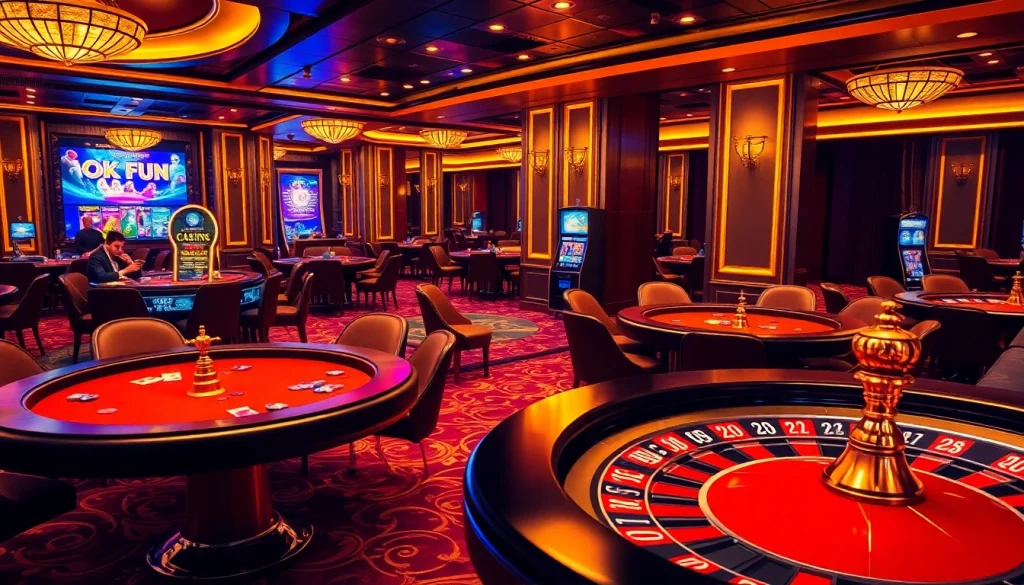 Okfun casino scene featuring poker games, chips, and a roulette wheel in a vibrant setting.