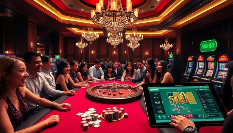 Experience thrilling casino games at MM88, featuring poker tables, roulette wheels, and winning moments.