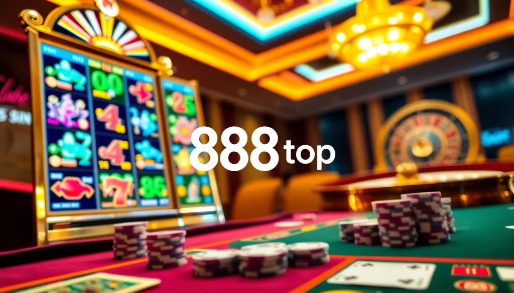 Experience excitement at the 888 top casino scene with vibrant slot machines, cards, and chips.