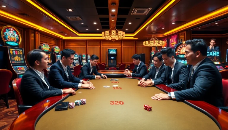 Players enjoying a vibrant poker game at gem88.buzz casino with luxurious decor and exciting atmosphere.