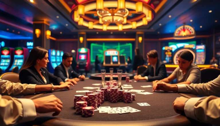 Exciting casino scene with poker players at a table featuring chips and cards at https://136bett.com.br/.