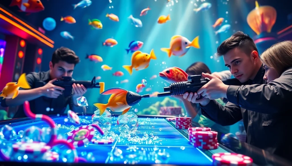 Engaging scene of players enjoying bắn cá đổi thưởng with colorful fish and casino action.
