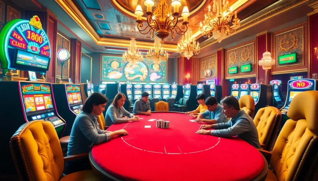 Kuwin casino scene featuring players at a poker table with vibrant slot machines in luxury.