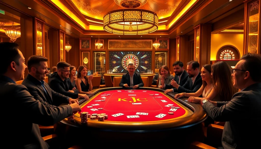 KJC poker table filled with colorful chips and excited players at a luxurious casino.