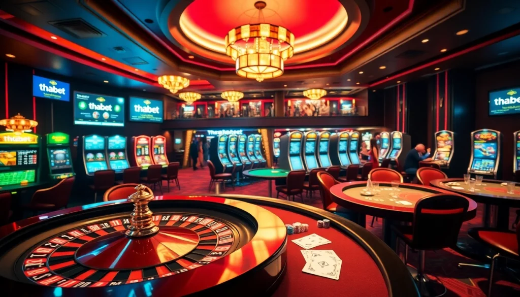 Experience the thrilling excitement of thabet's luxurious casino, featuring roulette wheels and vibrant poker tables.