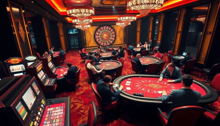 Exciting gaming action at nhà cái xx88 with players at poker tables, illuminated slot machines, and a roulette wheel.