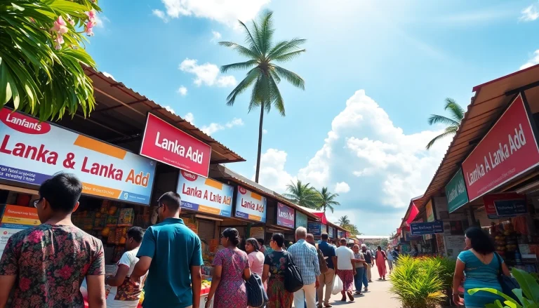 Lanka Add marketplace scene in Sri Lanka with vibrant ads, people engaging in local commerce