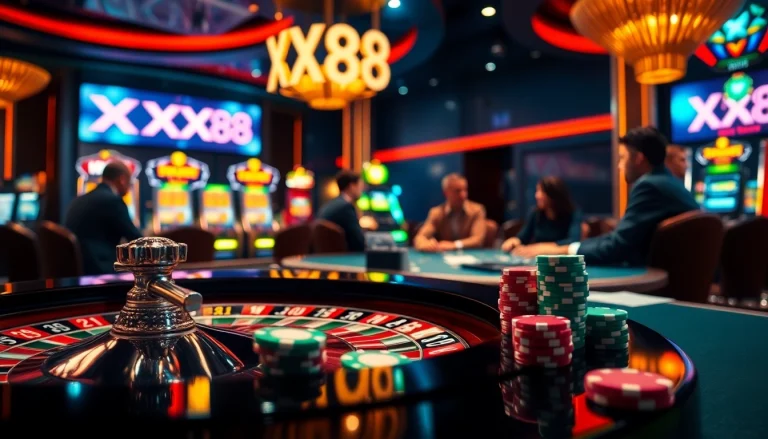Experience the excitement of gaming at XX88 casino with vibrant roulette and poker action.