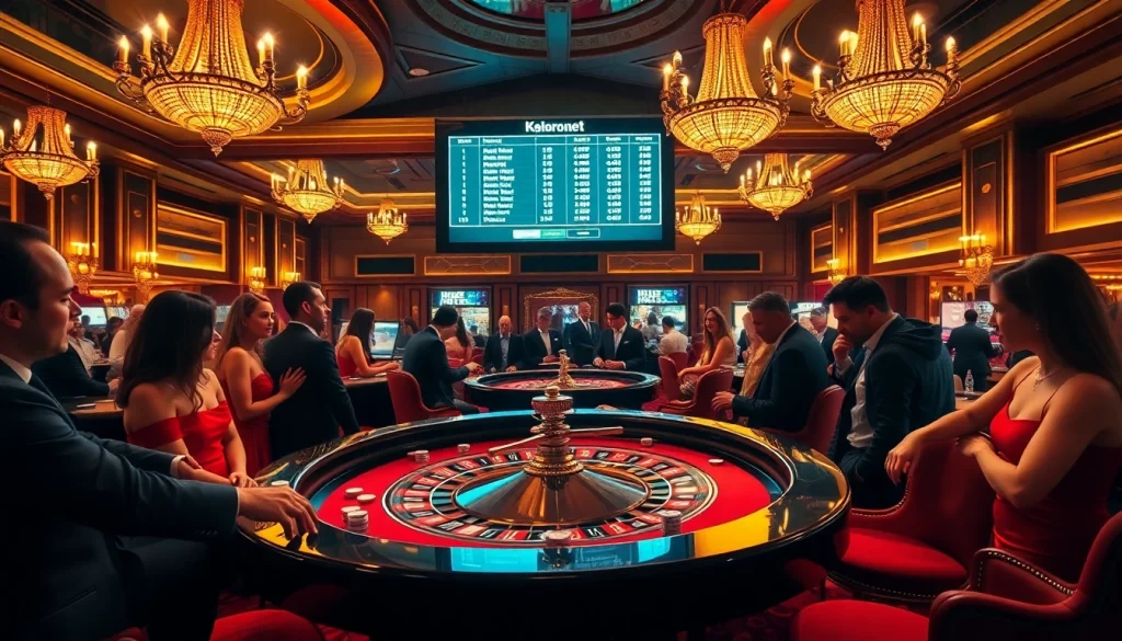 Engaged gamblers placing bets at a roulette table with live odds from https://keonhacai5.free displayed.