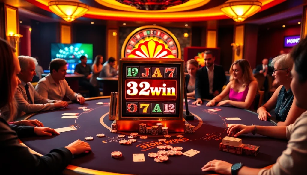 Experience the thrill of gambling with 32win at a luxurious casino table surrounded by excitement.
