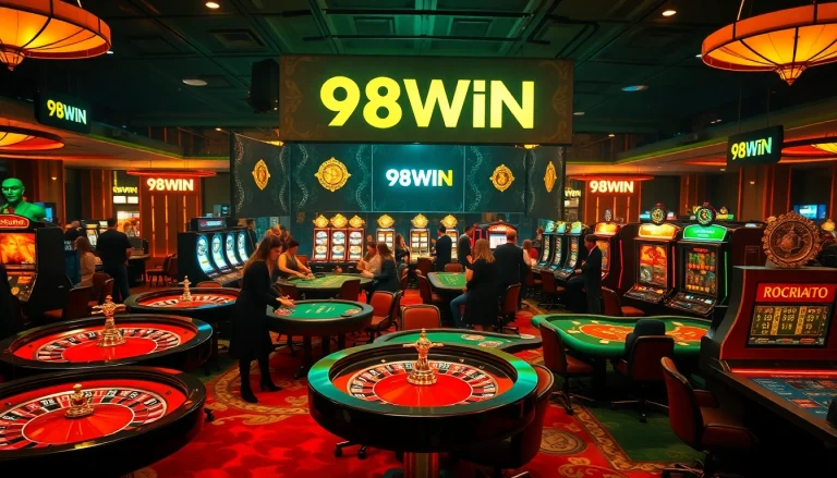 Exciting casino gaming atmosphere at https://98win.exposed/ with roulette wheels and poker tables.