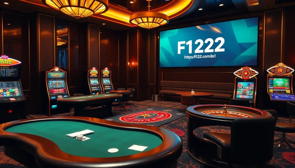 Place your bets in the elegant ambiance of https://f122.com.br/, showcasing vibrant slot machines and digital interfaces.