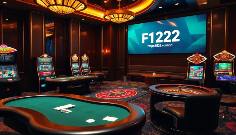 Place your bets in the elegant ambiance of https://f122.com.br/, showcasing vibrant slot machines and digital interfaces.