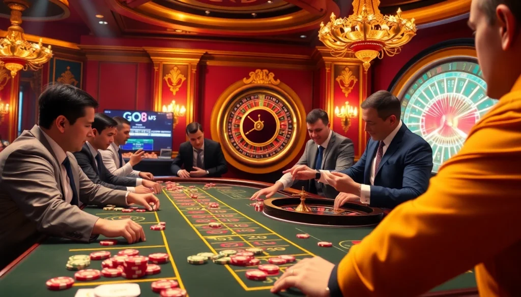 Players enjoying an exciting game at GO8 casino table, showcasing vibrant chips and roulette.