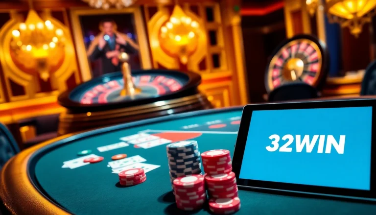 Engaged gamblers enjoying a vibrant poker game at 32WIN's upscale casino.