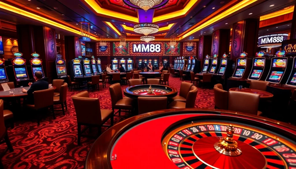 Experience the thrill of gambling at MM88's vibrant casino with poker tables and slot machines.
