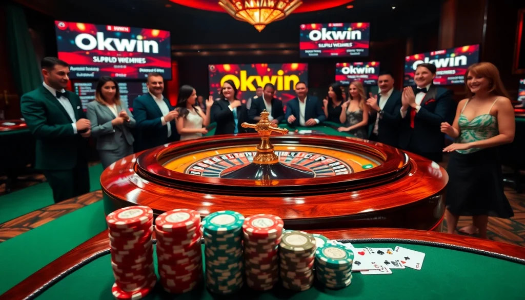 Excited players betting at an Okwin-themed luxurious casino table with colorful chips.