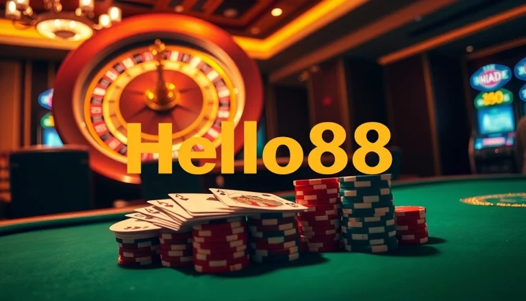 Experience thrilling gameplay at Hello88 casino table with glamorous poker chips and cards.