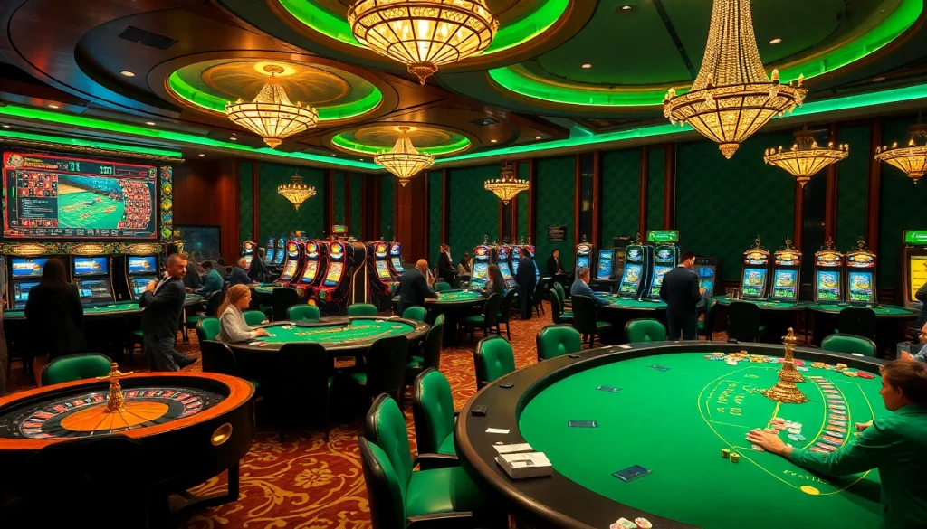 C168 immersive casino experience with players at poker tables, roulette wheels, and slot machines.