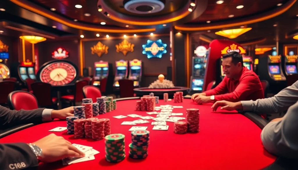Engaging players at a casino poker table featuring C168-themed chips and cards.