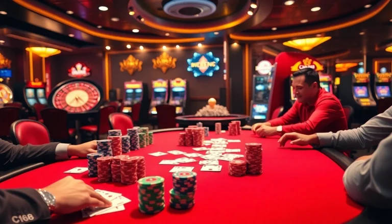 Engaging players at a casino poker table featuring C168-themed chips and cards.