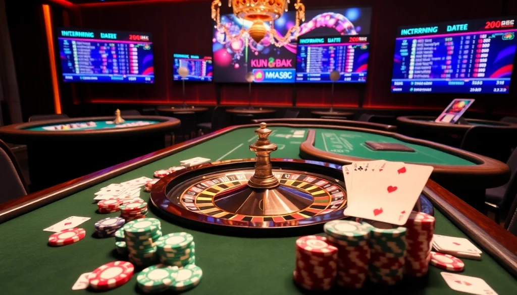 Players enjoying the excitement of gambling at https://mm88.bar/, featuring vibrant casino elements like chips and a roulette wheel.