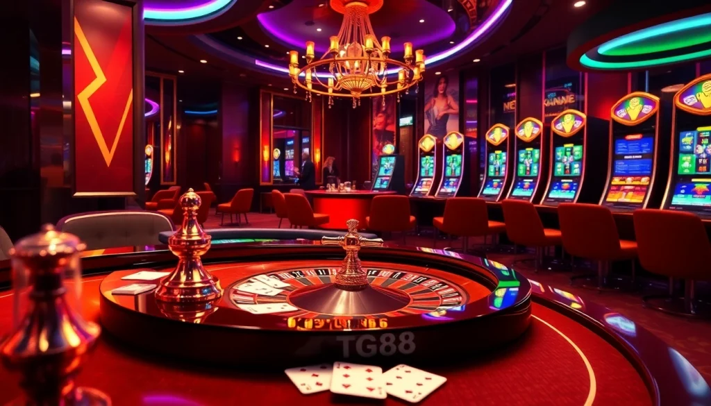 Experience the thrill of gaming with Link vào TG88 at a luxurious casino scene filled with excitement.