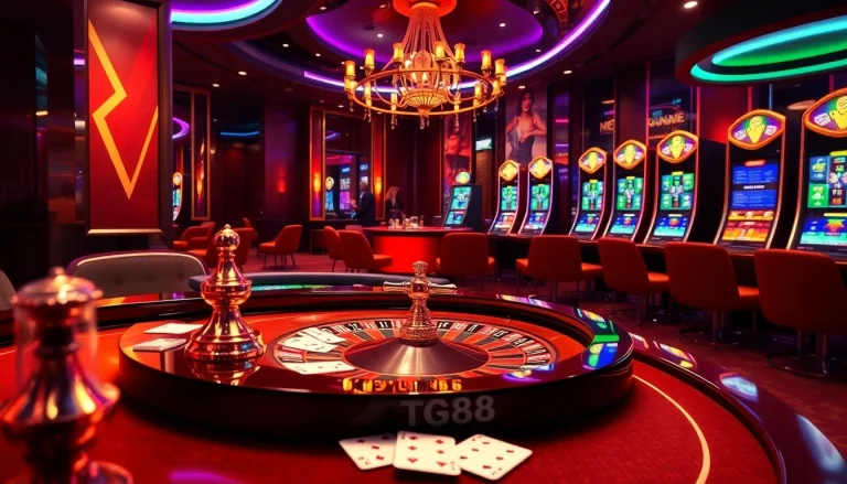 Experience the thrill of gaming with Link vào TG88 at a luxurious casino scene filled with excitement.