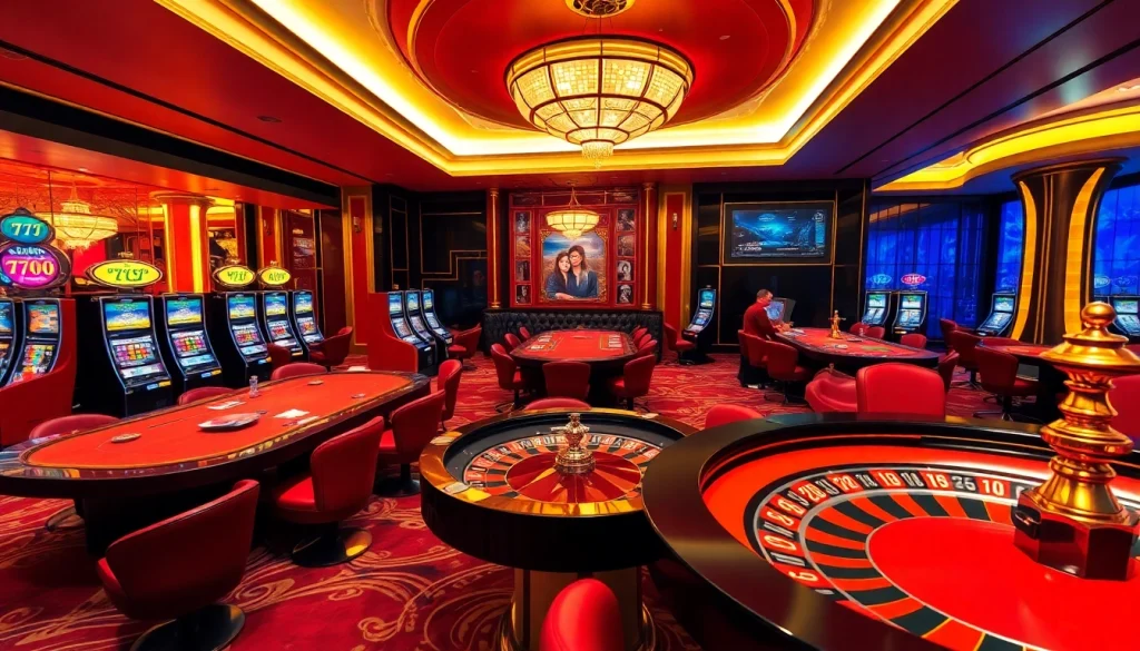 7C77 themed casino scene capturing excitement with players at tables and slot machines.