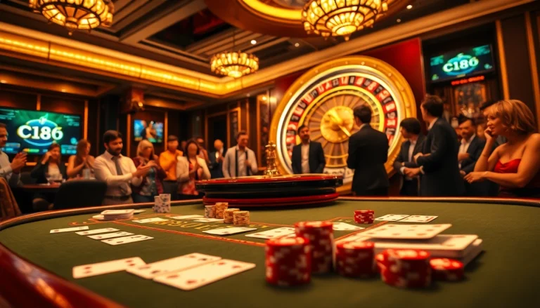 A player wins at C168 casino games featuring roulette and poker chips in a luxurious setting.