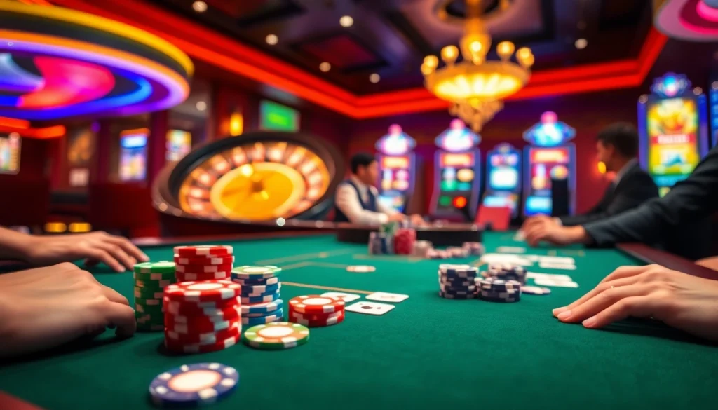 Players enjoying a thrilling poker game with fb88b.net as their online gambling choice, showcasing luxury and excitement.