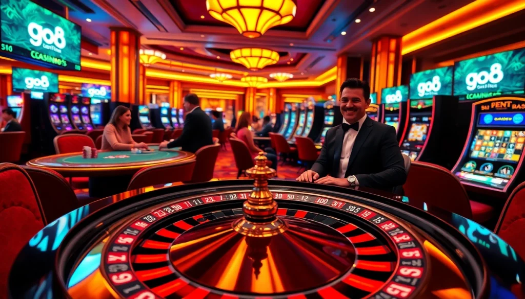 Players enjoying games at a casino table featuring go8 dad branding, highlighting excitement and luxury.