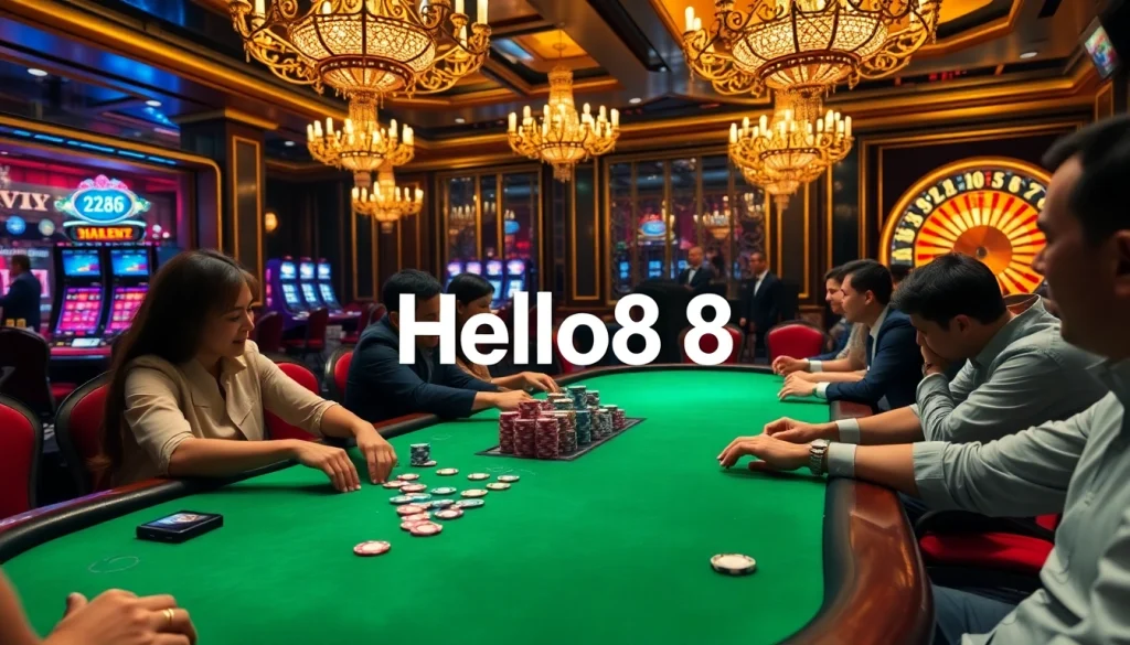 Hello88 casino scene featuring players, poker chips, and slot machines in a luxurious atmosphere.