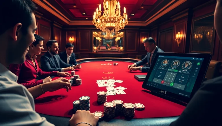 Join the excitement of high-stakes poker at https://abc8.lol/, featuring vibrant chips and professional players.