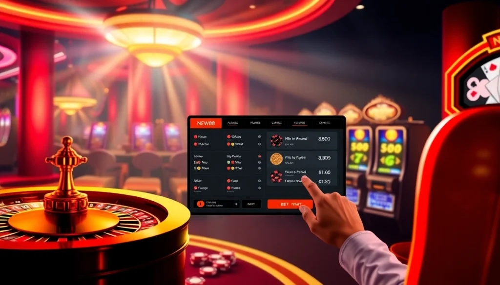 Engage with the vibrant NEW88 casino experience featuring roulette, poker chips, and slot machines.
