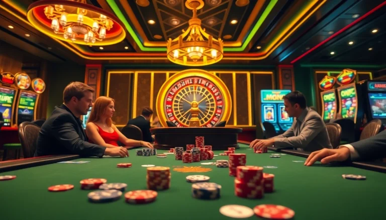 Engaging poker scene at 8KBET casino, featuring vibrant players and roulette wheel.